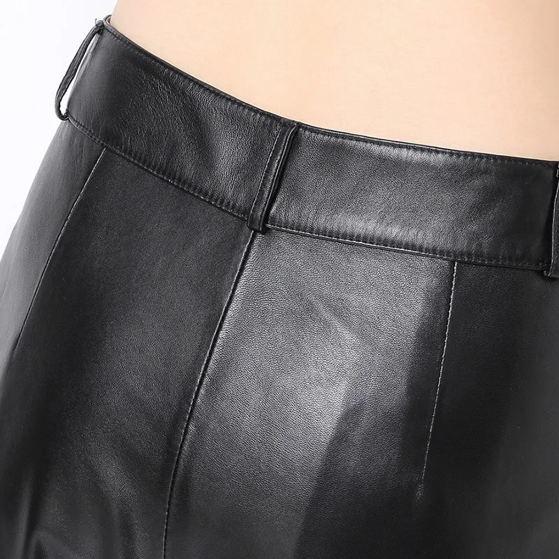Lady Leather Cropped Pants Solid High Waist Loose Slim Pencil Pants Sheepskin Harem Pants 2022 New SY3985