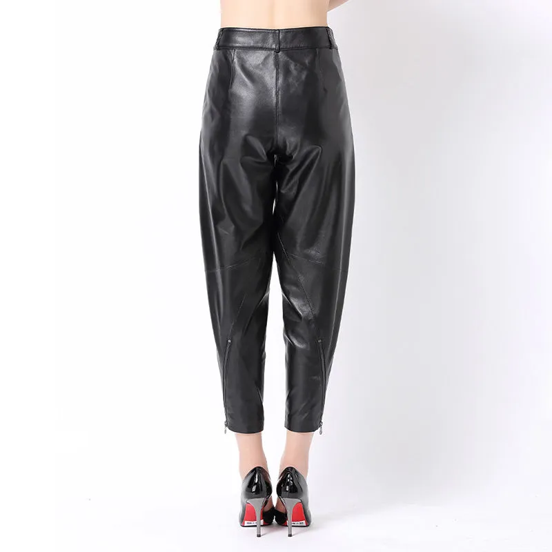 Lady Leather Cropped Pants Solid High Waist Loose Slim Pencil Pants Sheepskin Harem Pants 2022 New SY3985