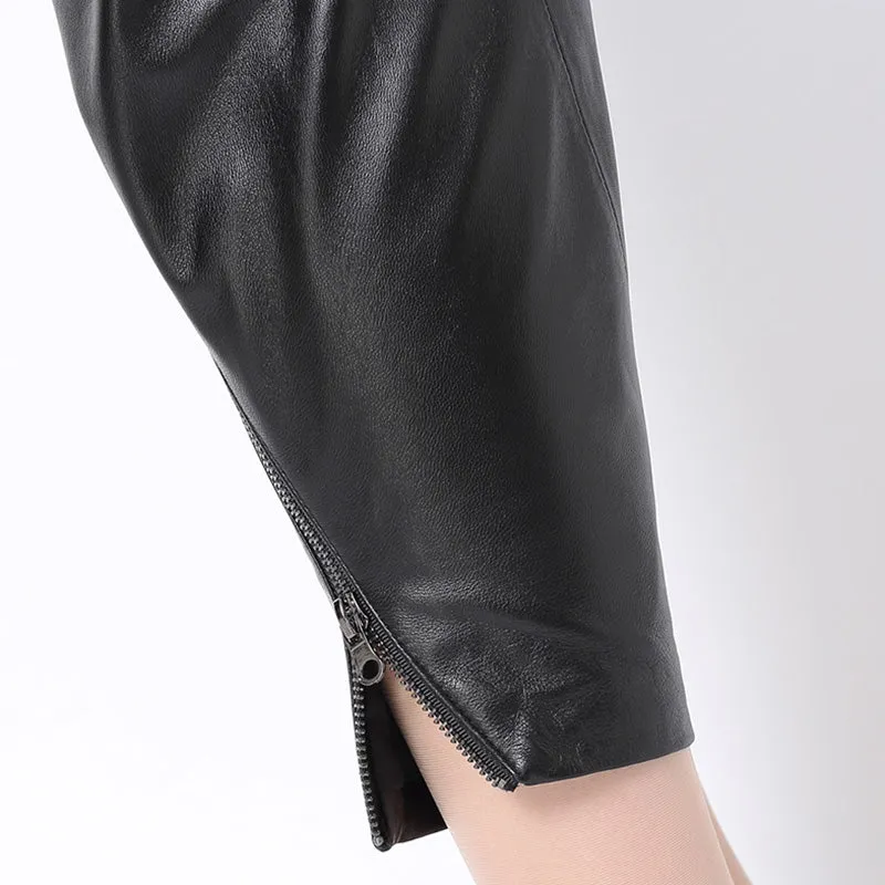 Lady Leather Cropped Pants Solid High Waist Loose Slim Pencil Pants Sheepskin Harem Pants 2022 New SY3985