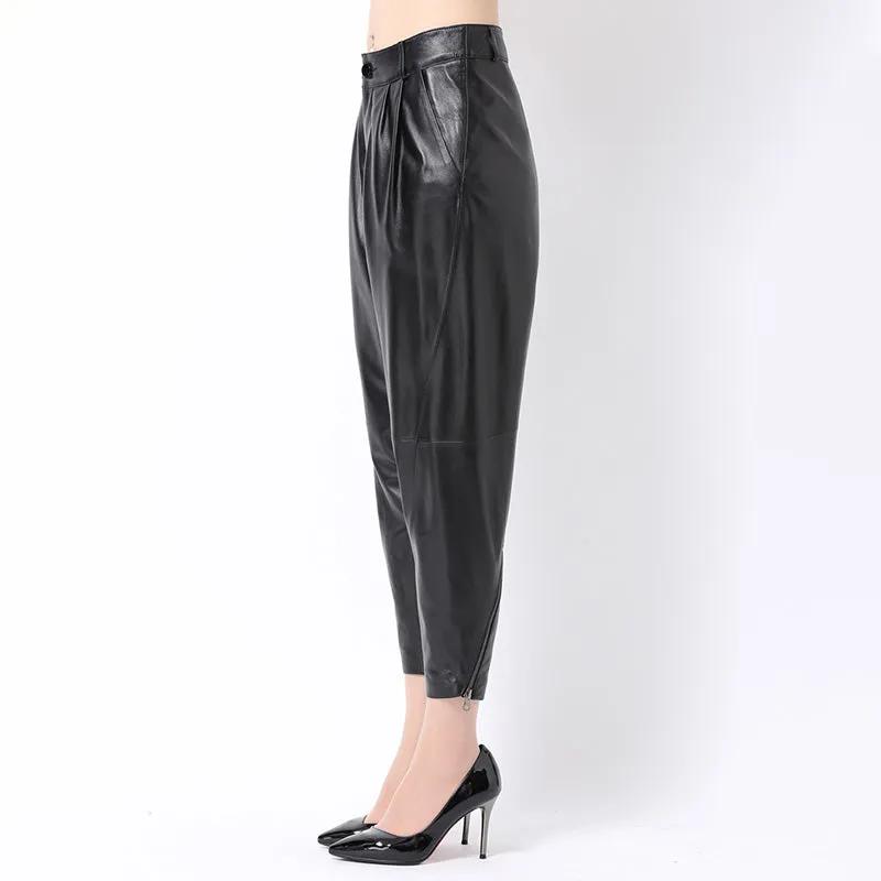 Lady Leather Cropped Pants Solid High Waist Loose Slim Pencil Pants Sheepskin Harem Pants 2022 New SY3985