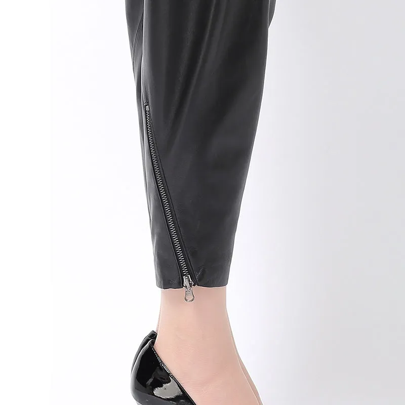Lady Leather Cropped Pants Solid High Waist Loose Slim Pencil Pants Sheepskin Harem Pants 2022 New SY3985