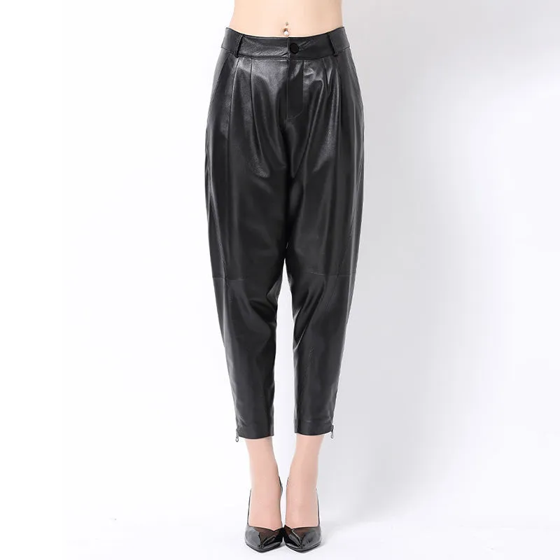 Lady Leather Cropped Pants Solid High Waist Loose Slim Pencil Pants Sheepskin Harem Pants 2022 New SY3985
