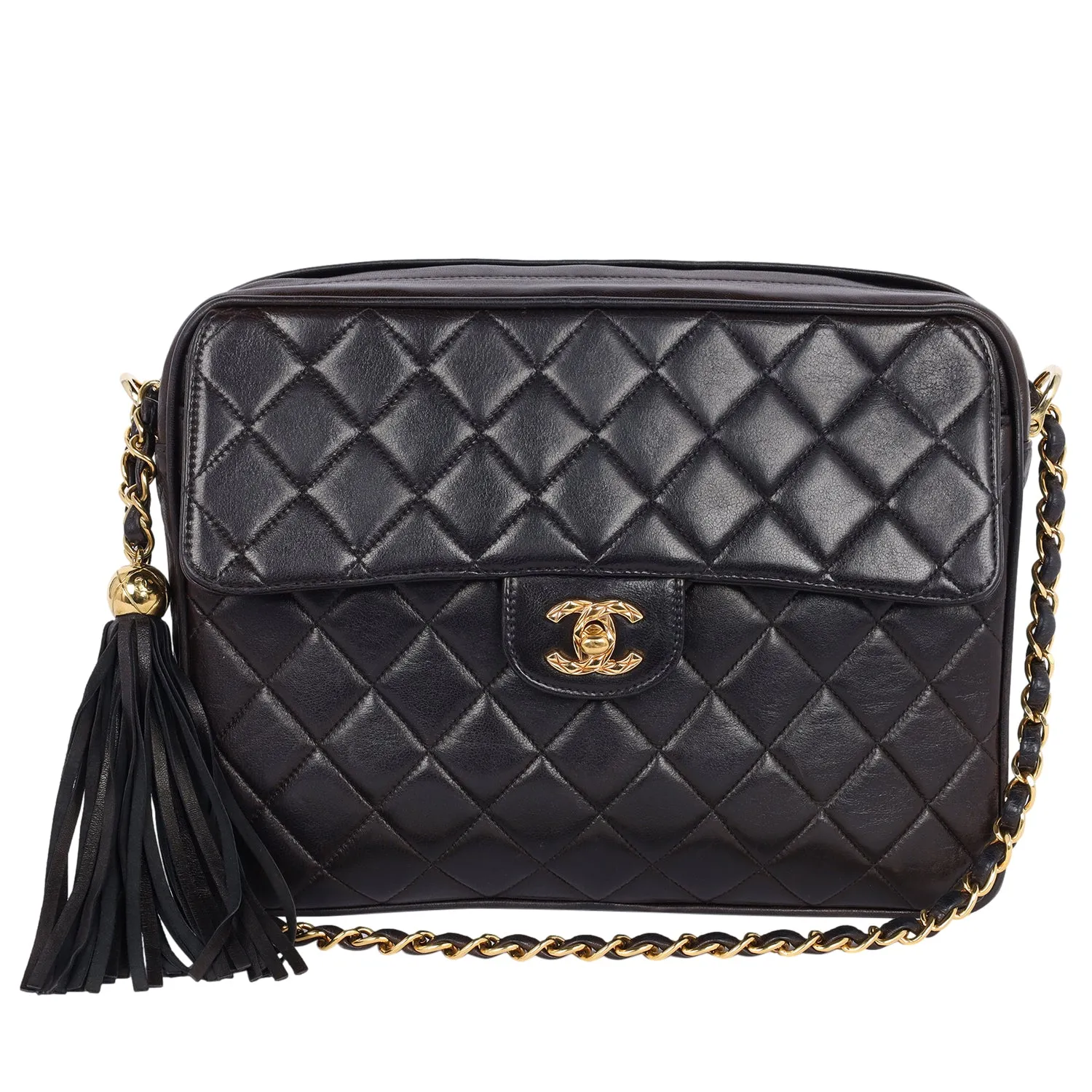 Lambskin Quilted Flap Camera Tassel Case Shoulder Bag