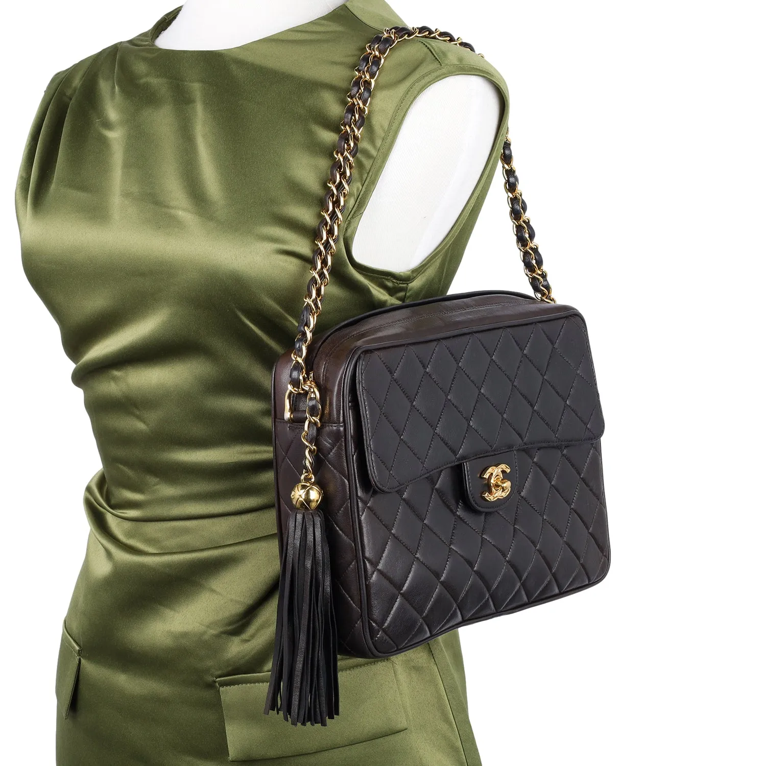 Lambskin Quilted Flap Camera Tassel Case Shoulder Bag