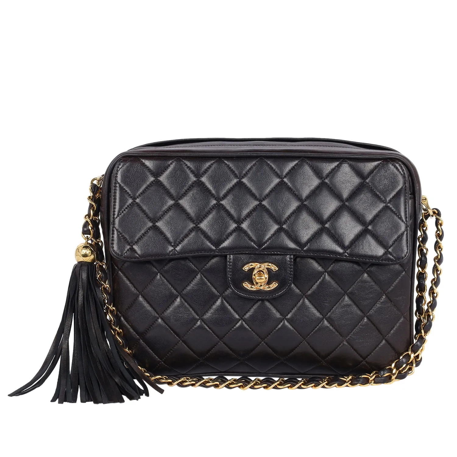 Lambskin Quilted Flap Camera Tassel Case Shoulder Bag