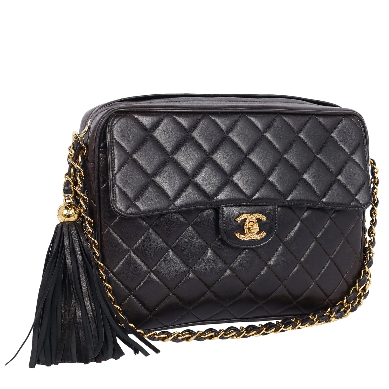 Lambskin Quilted Flap Camera Tassel Case Shoulder Bag