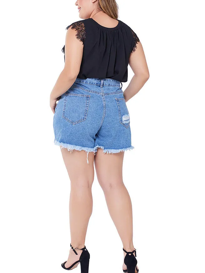 Large Size Hole Ladies Denim Shorts Female Large Size Shorts Fat MM Shorts