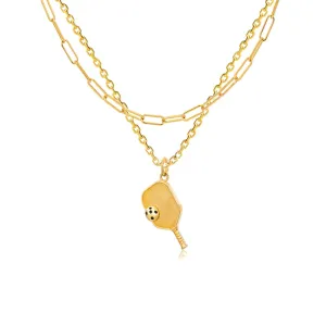 Layered Pickleball Necklace | Paddle & Ball in 14K Yellow Gold - Medium