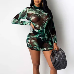 Leaf Print Long Sleeve Sheer Mesh Romper
