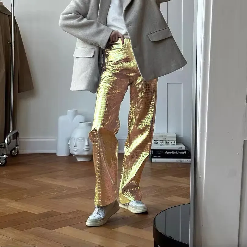 Leather Straight Long Baggy Pants