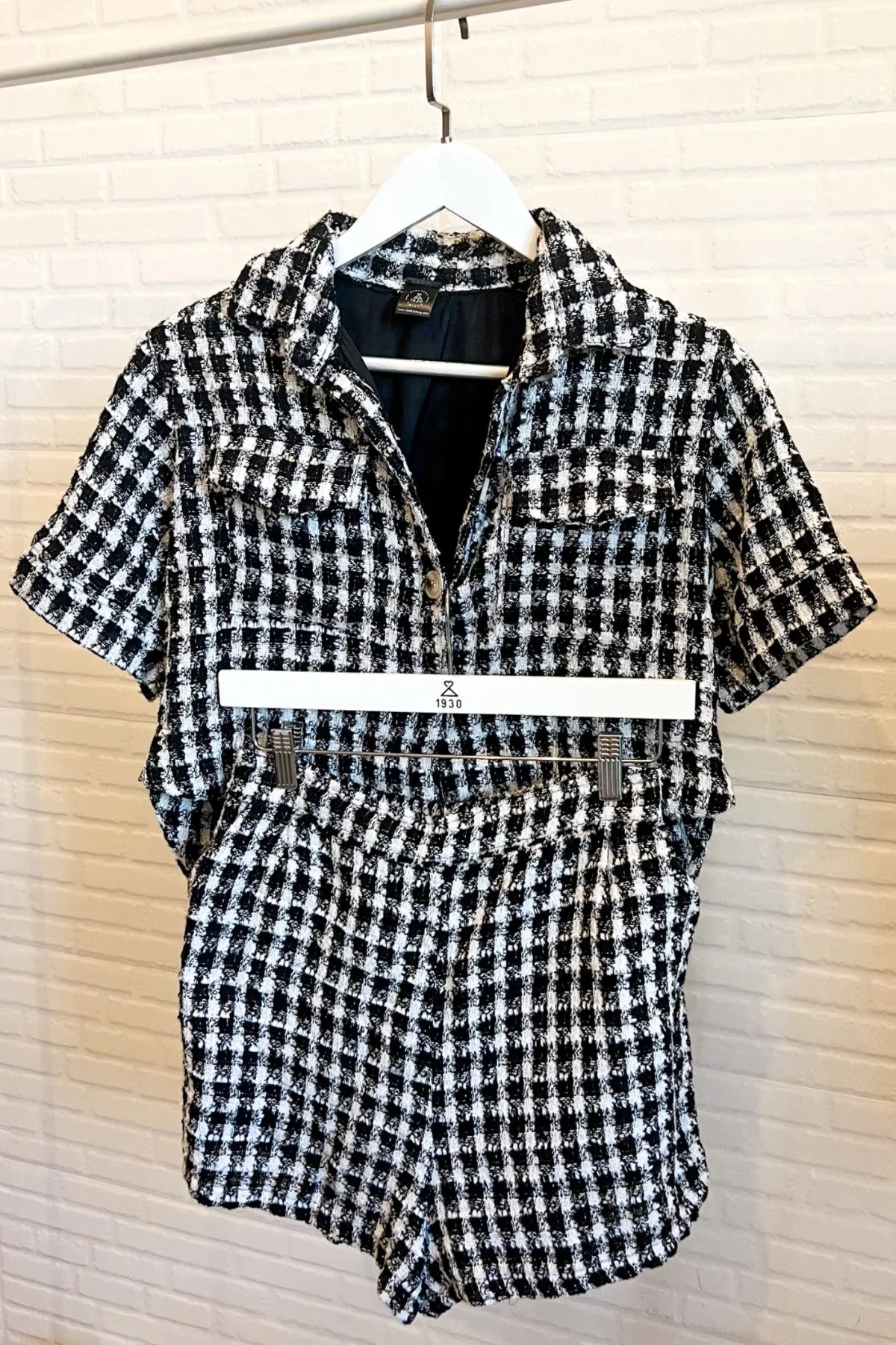 LEIGHTON Front-Pocket Tweed Blazer Top & Shorts Co-ord (Black)