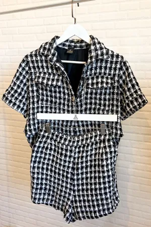 LEIGHTON Front-Pocket Tweed Blazer Top & Shorts Co-ord (Black)