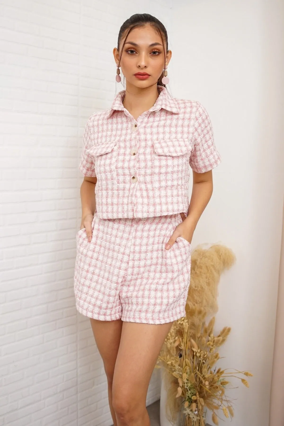 LEIGHTON Front-Pocket Tweed Blazer Top & Shorts Co-ord (Pink)