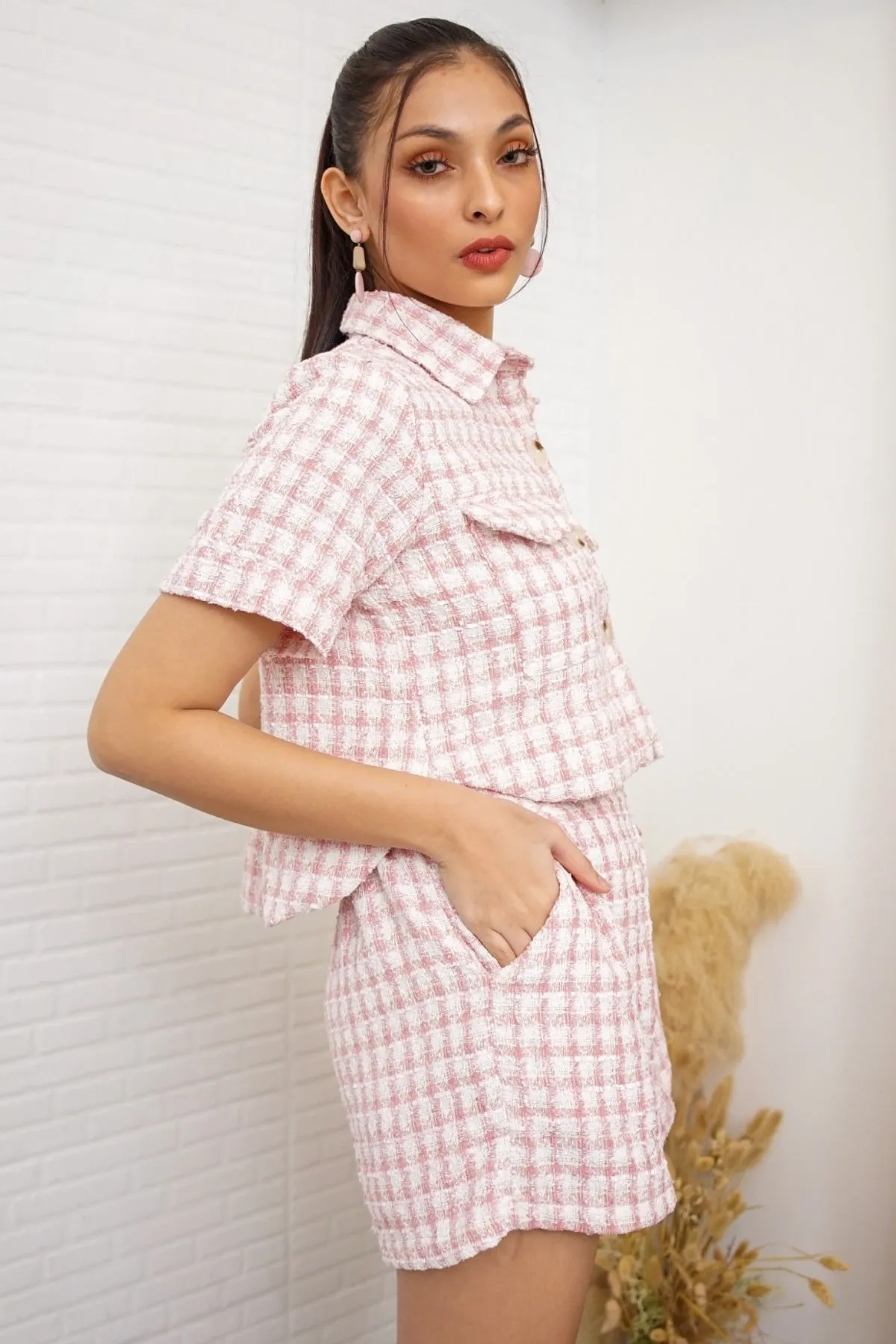 LEIGHTON Front-Pocket Tweed Blazer Top & Shorts Co-ord (Pink)