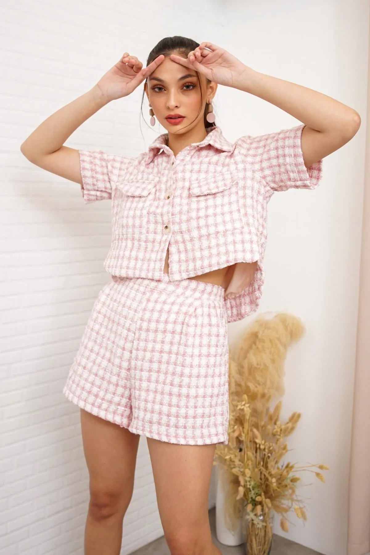 LEIGHTON Front-Pocket Tweed Blazer Top & Shorts Co-ord (Pink)