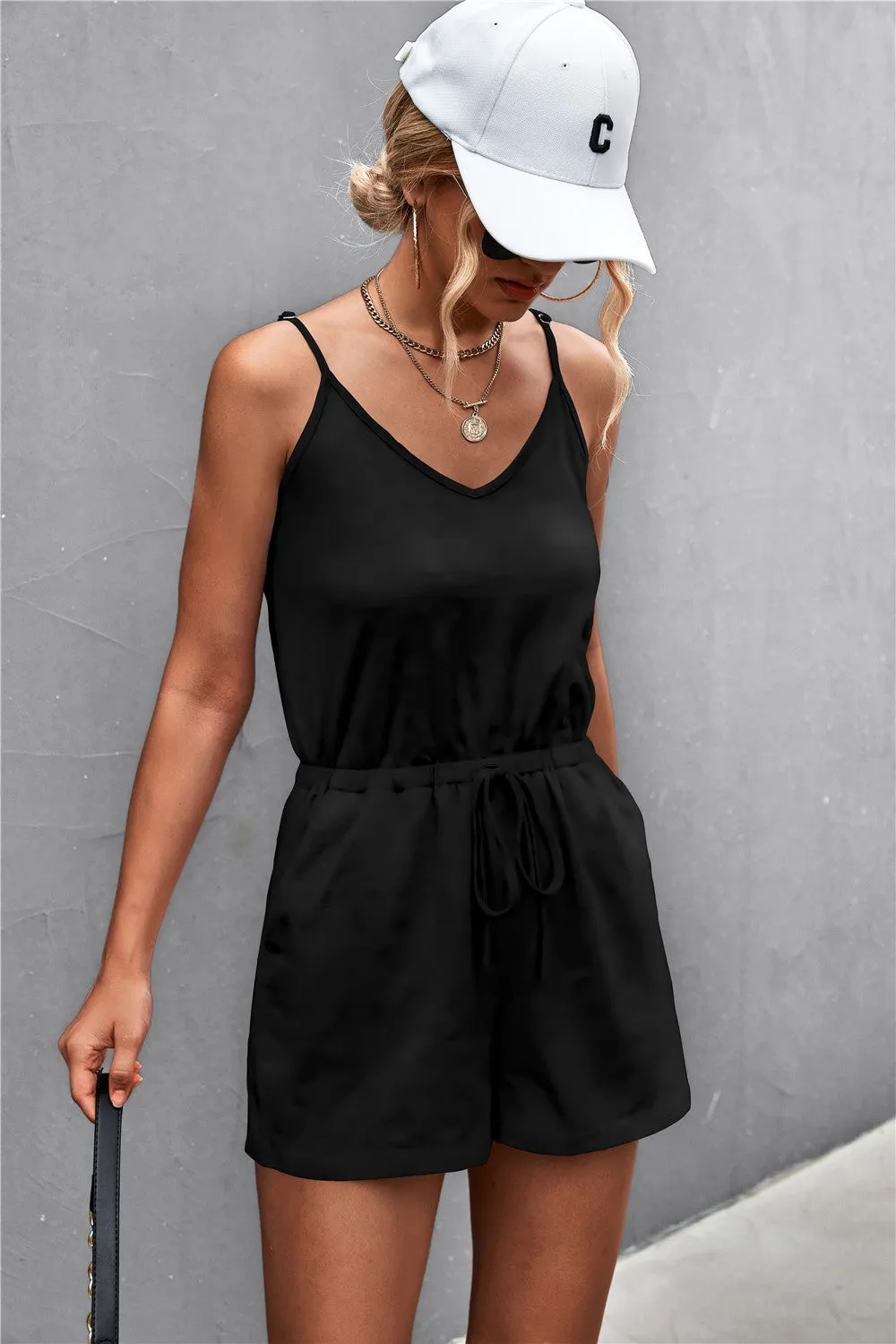 Leon Spaghetti Strap V-Neck Pocket Romper
