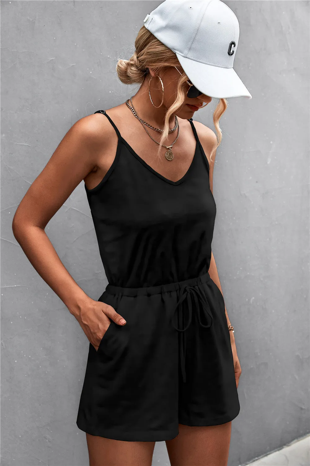Leon Spaghetti Strap V-Neck Pocket Romper