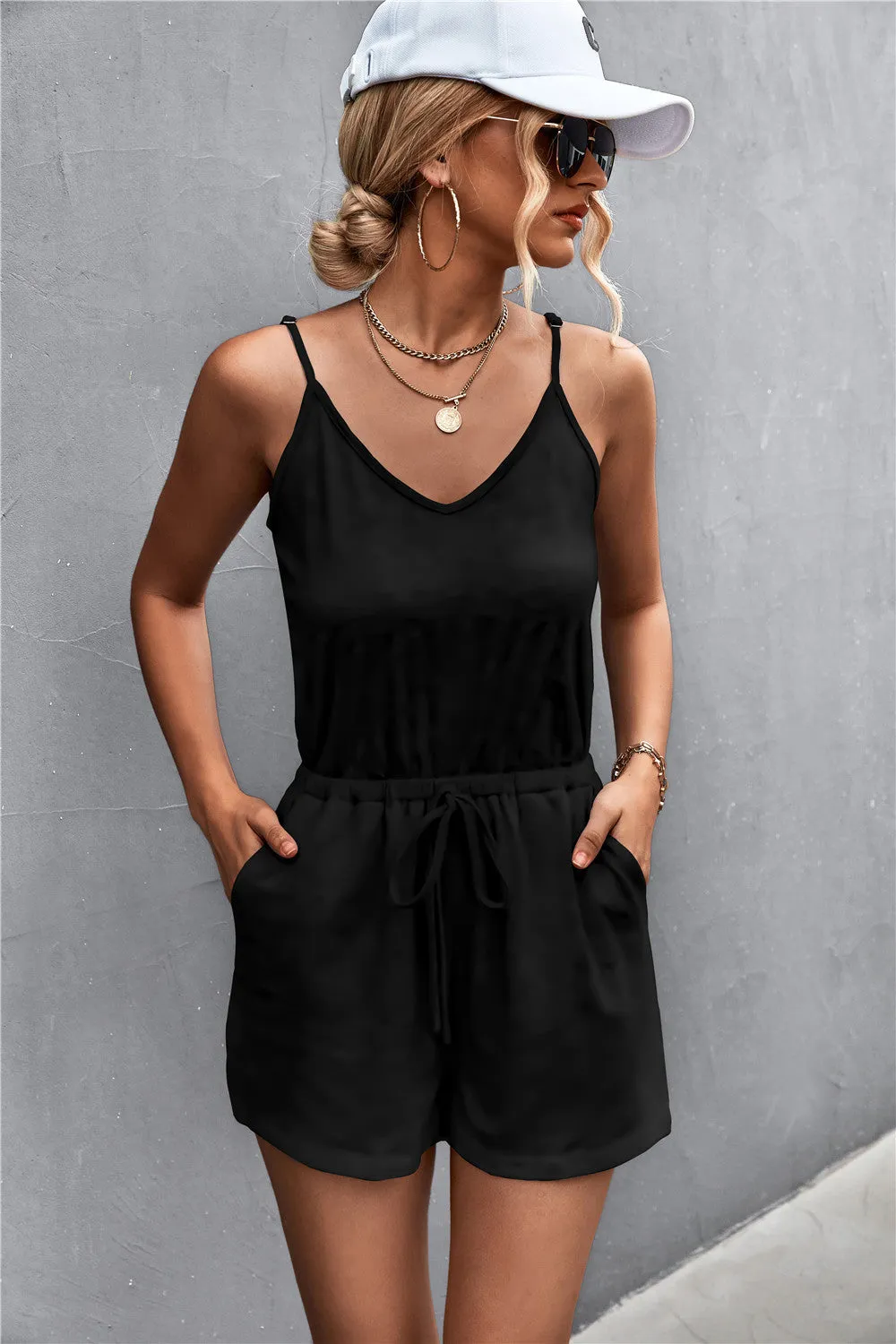 Leon Spaghetti Strap V-Neck Pocket Romper