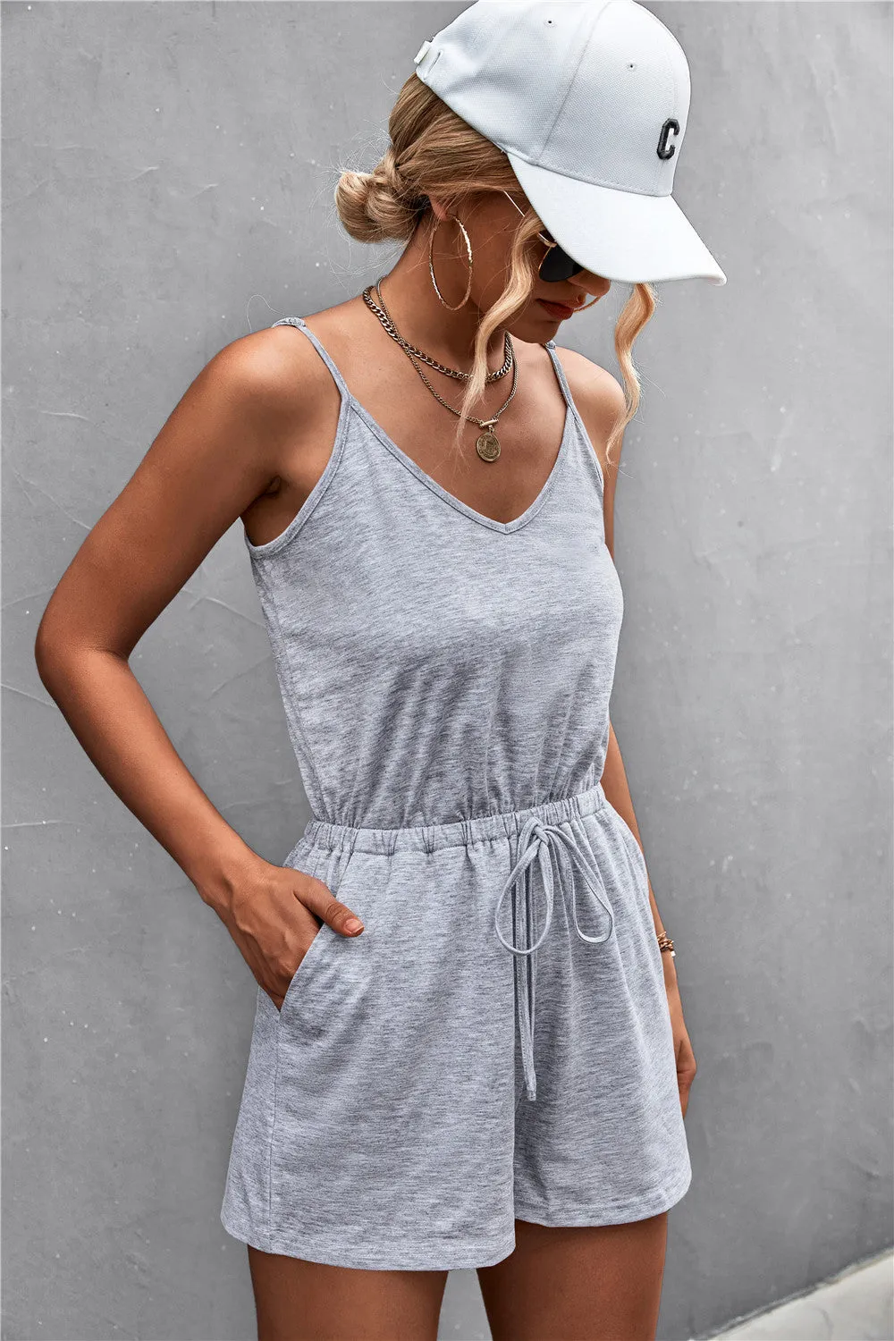 Leon Spaghetti Strap V-Neck Pocket Romper