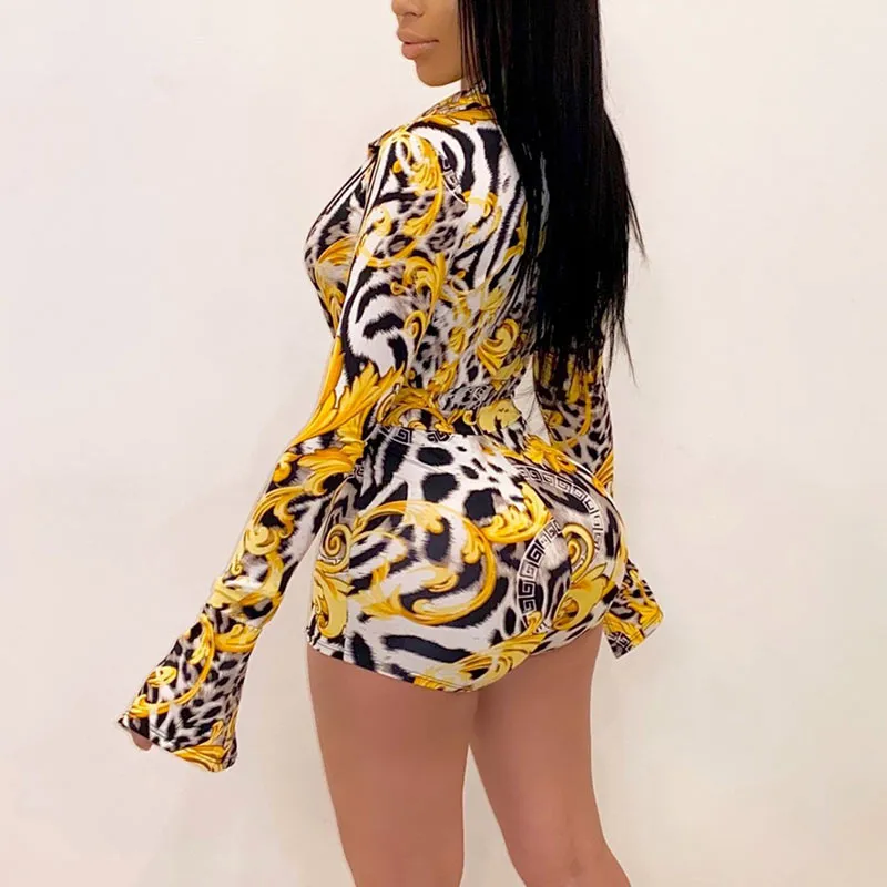 Leopard Pattern Flared Sleeve Deep V-Neck Romper