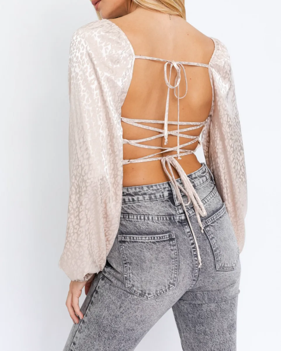 Leopard Satin Long Sleeve Tie Back Crop Top