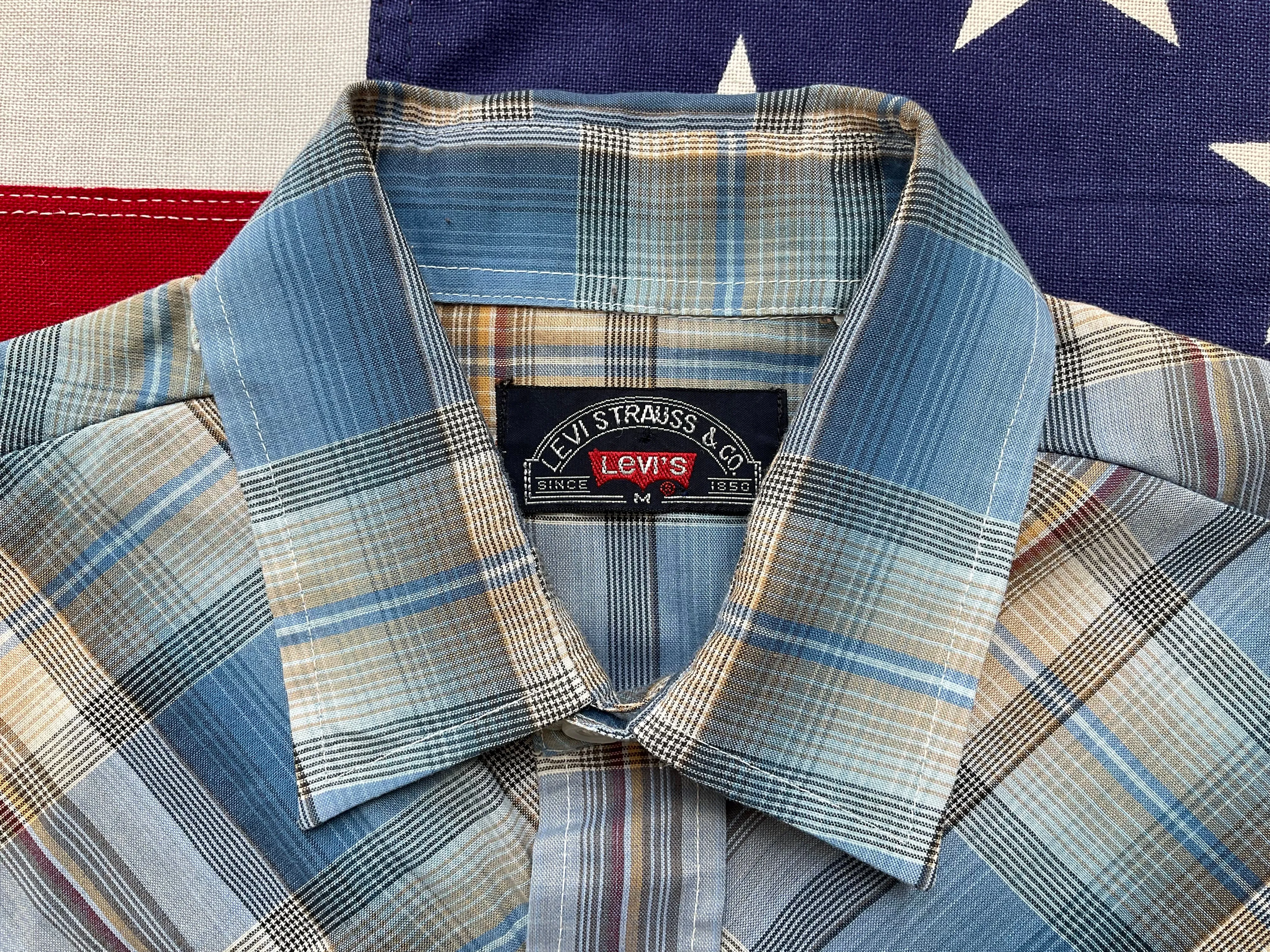 LEVI’S Vintage BIG E Mens Western Shirt Blue Check with Pearl Snaps MEDIUM