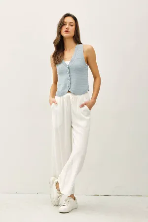 LINEN BLEND CROPPED WIDE LEG PANTS: Off White / M