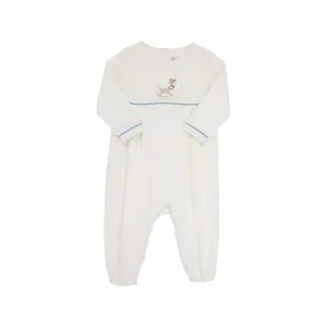 Long Sleeve Bradford Romper - Palmetto Pearl with Barrington Blue & Reindeer Rocking Horse Embroidery