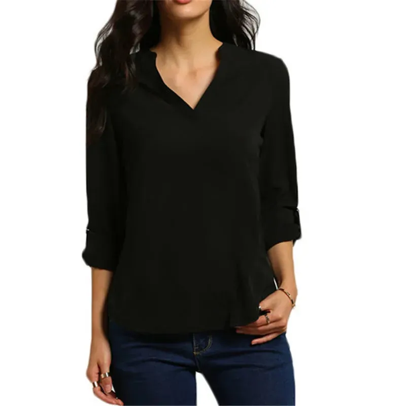 Long Sleeve V-neck Ruffled Chiffon Plus Size Tunic Clothing
