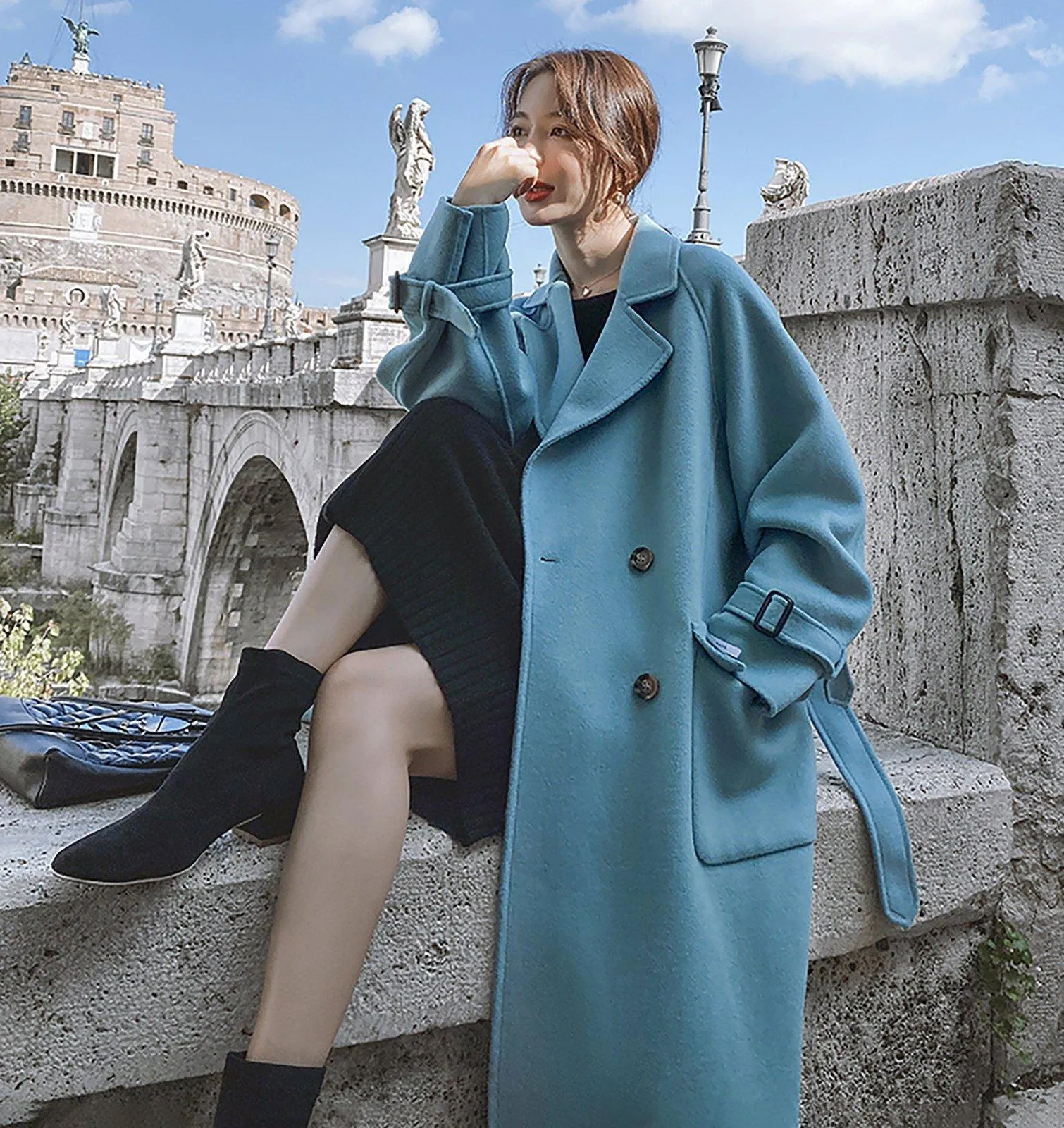 Loose Double Breasted Wool Blend Long Coat