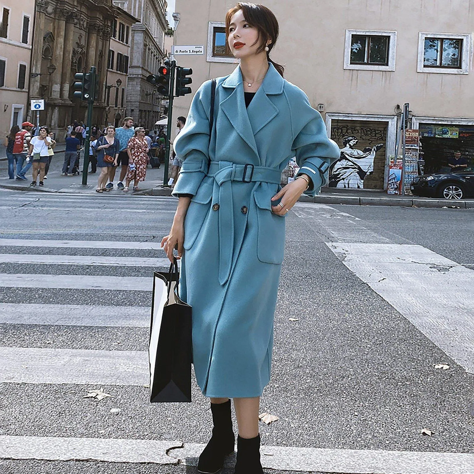 Loose Double Breasted Wool Blend Long Coat
