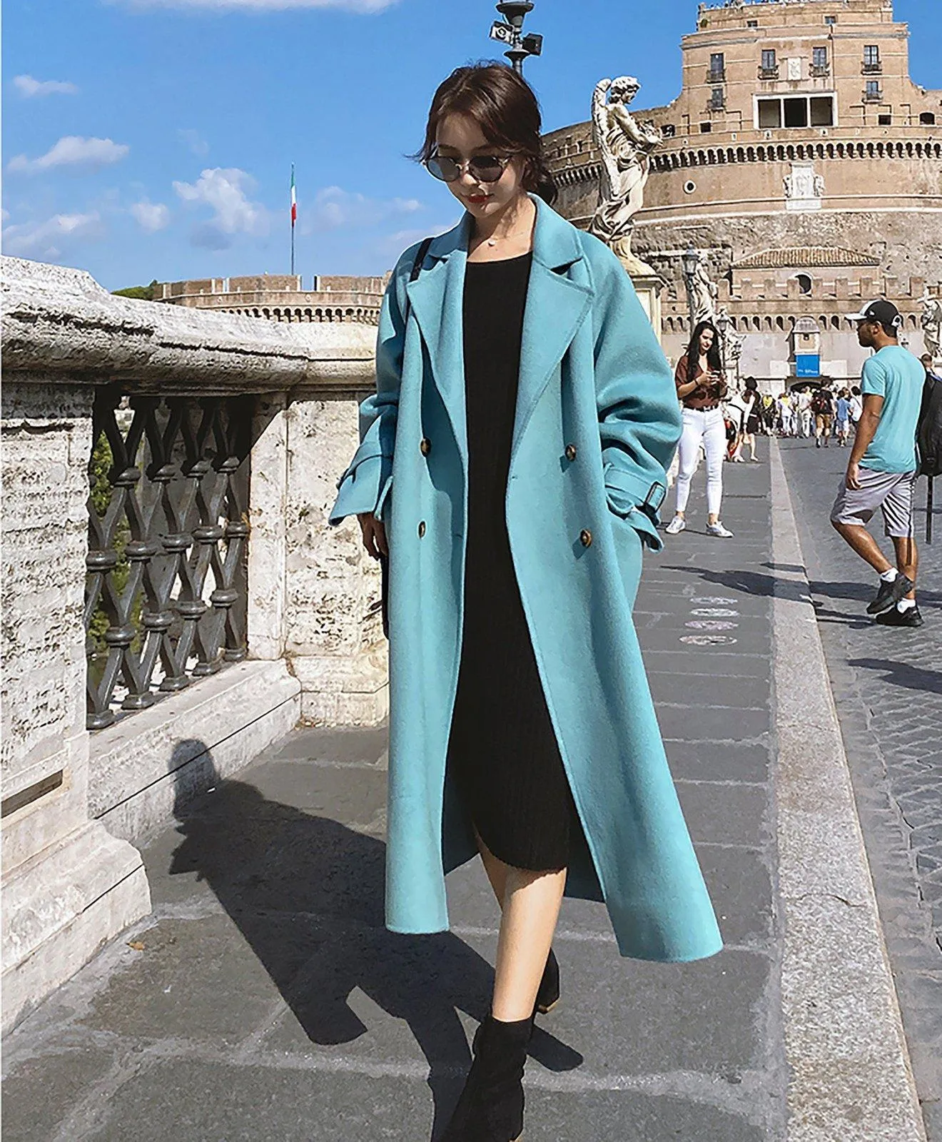 Loose Double Breasted Wool Blend Long Coat