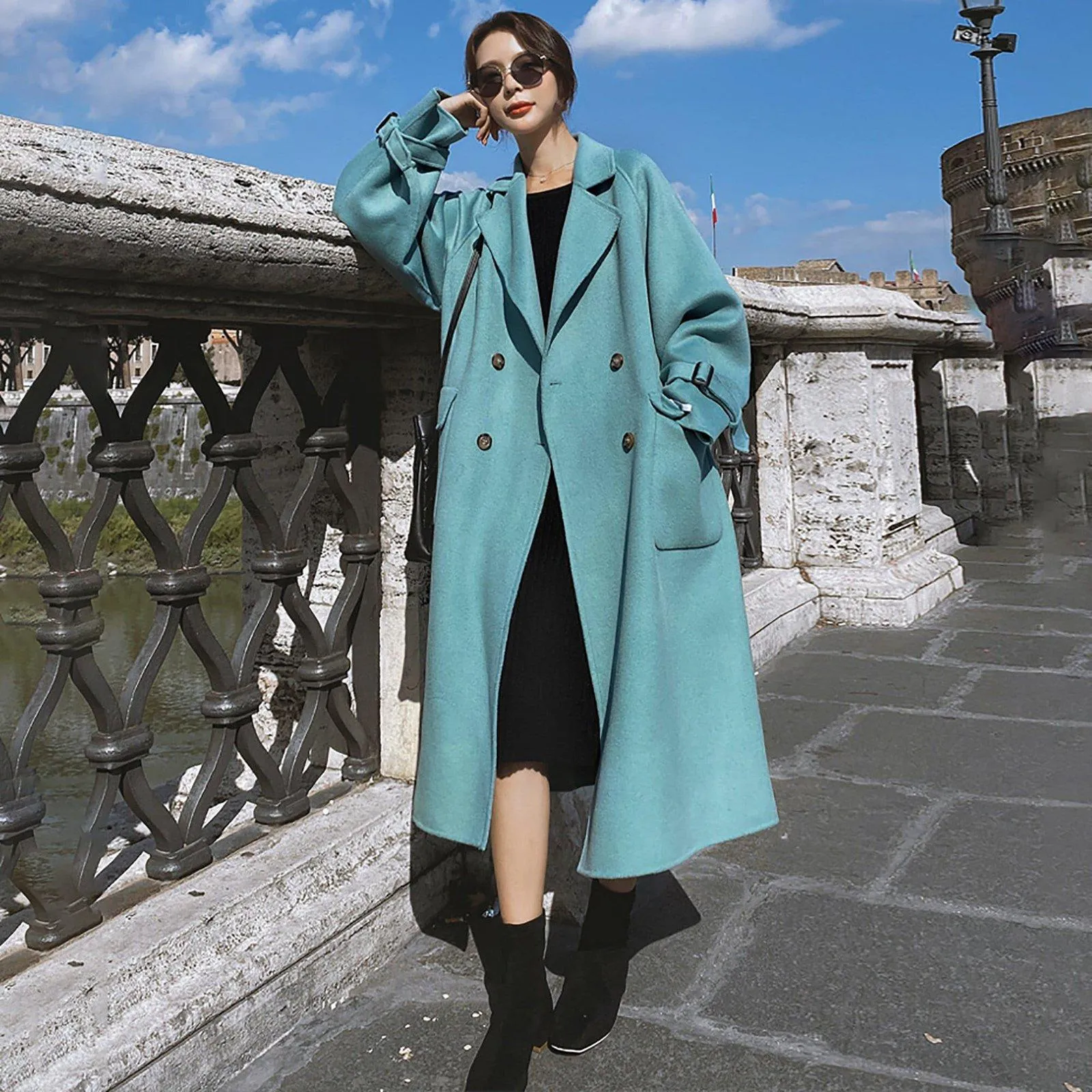 Loose Double Breasted Wool Blend Long Coat