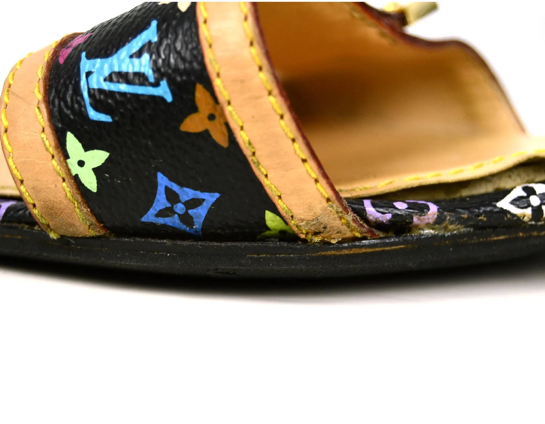 Louis Vuitton Black Monogram Multicolore Open-Toe Mules sz 37.5
