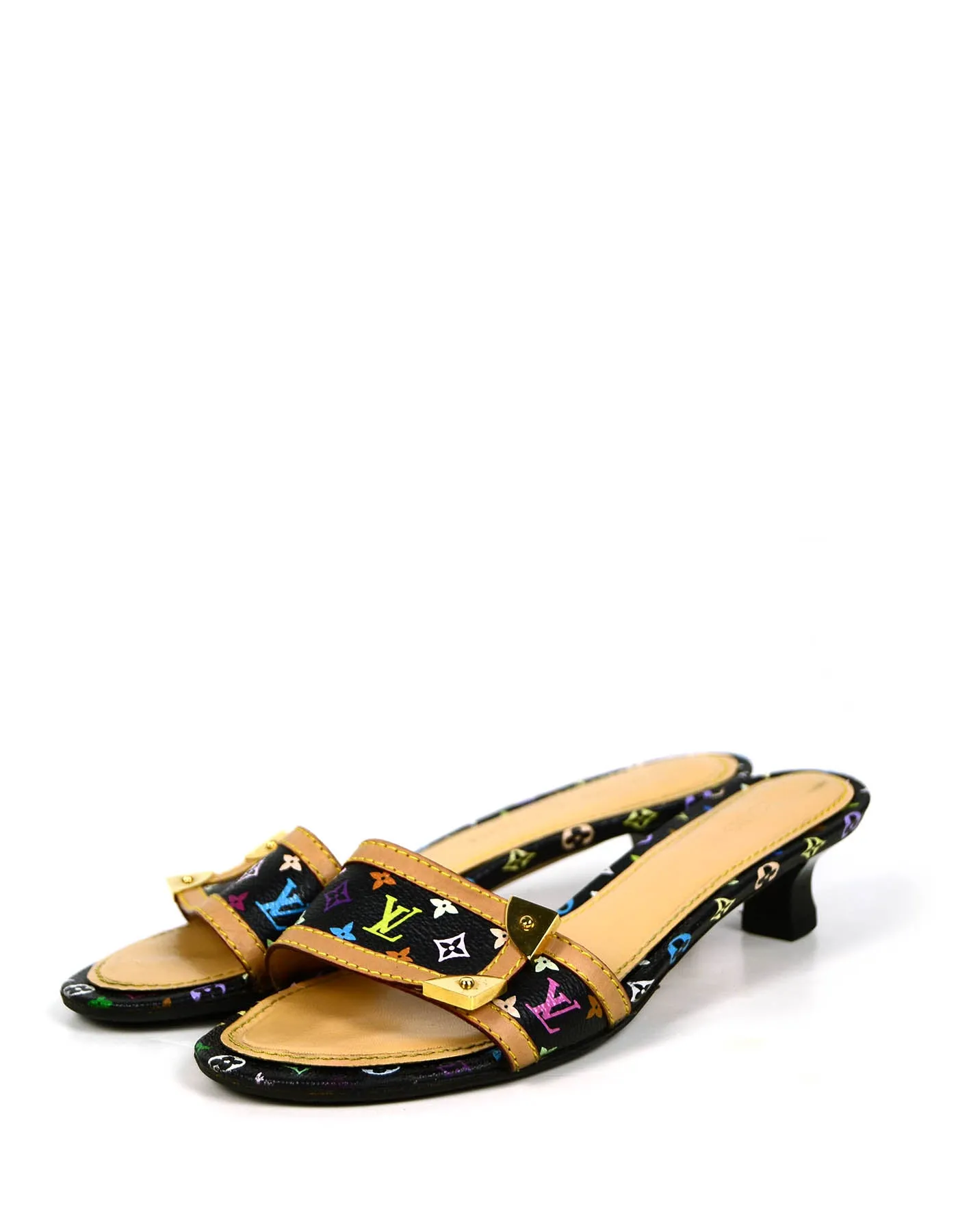 Louis Vuitton Black Monogram Multicolore Open-Toe Mules sz 37.5