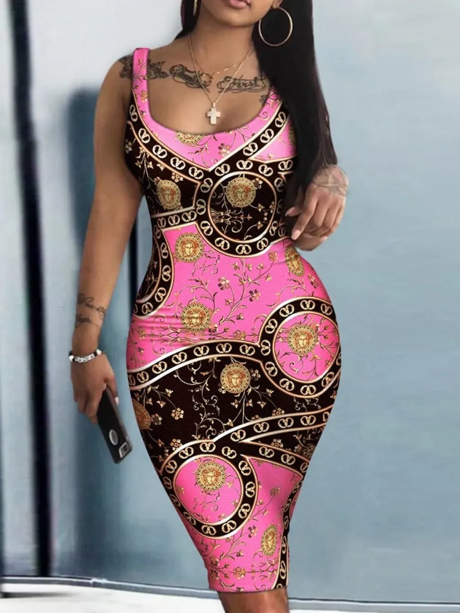 LW Plus Size Dresses Baroque Print Bodycon Dress summer sexy tank maxi dress Elegant Ladies Birthday Party Club Sundress