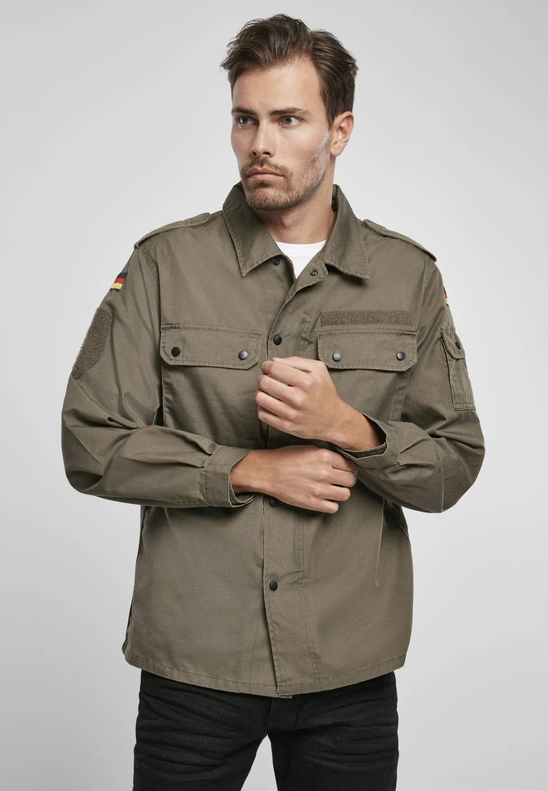 Men's Olive Military Style Button Up Long Sleeve Shirt