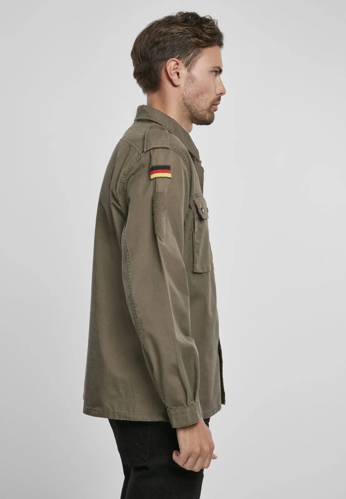 Men's Olive Military Style Button Up Long Sleeve Shirt