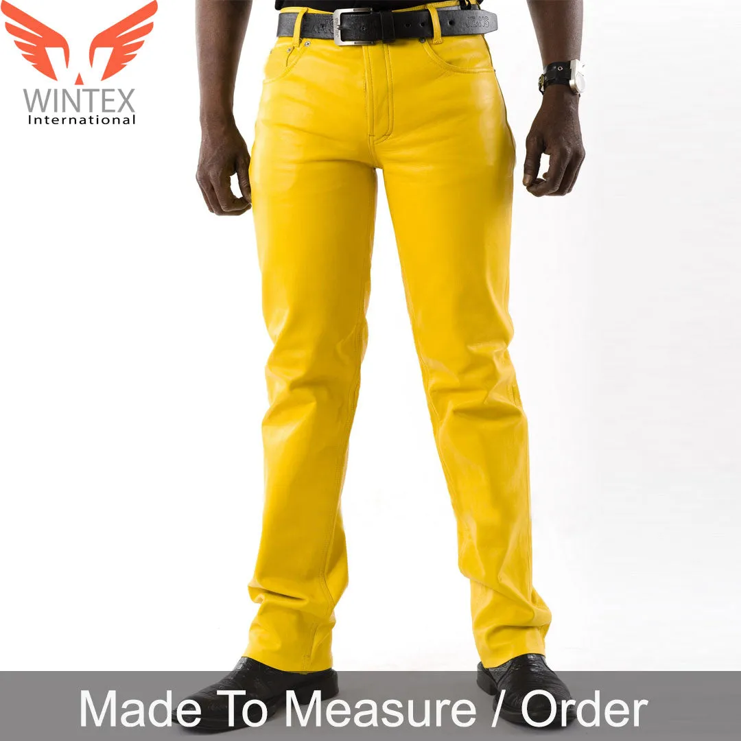 Men’s Real Leather Bikers Pants 5 Pockets Yellow Leather Jeans / Bikers Pants