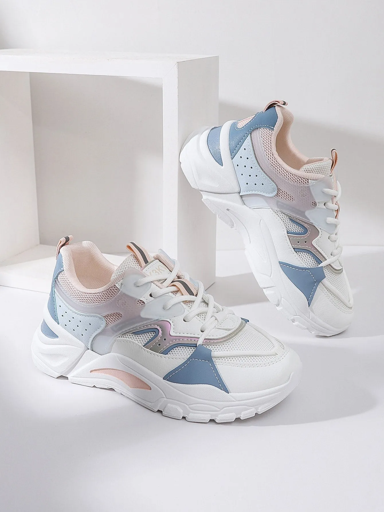 Mesh Panel Lace Up Front Chunky Sneakers - Multicolor