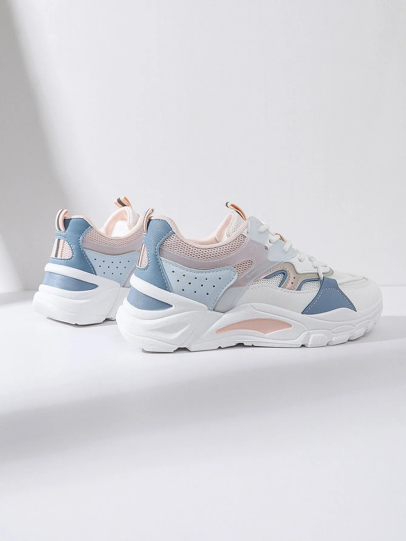 Mesh Panel Lace Up Front Chunky Sneakers - Multicolor