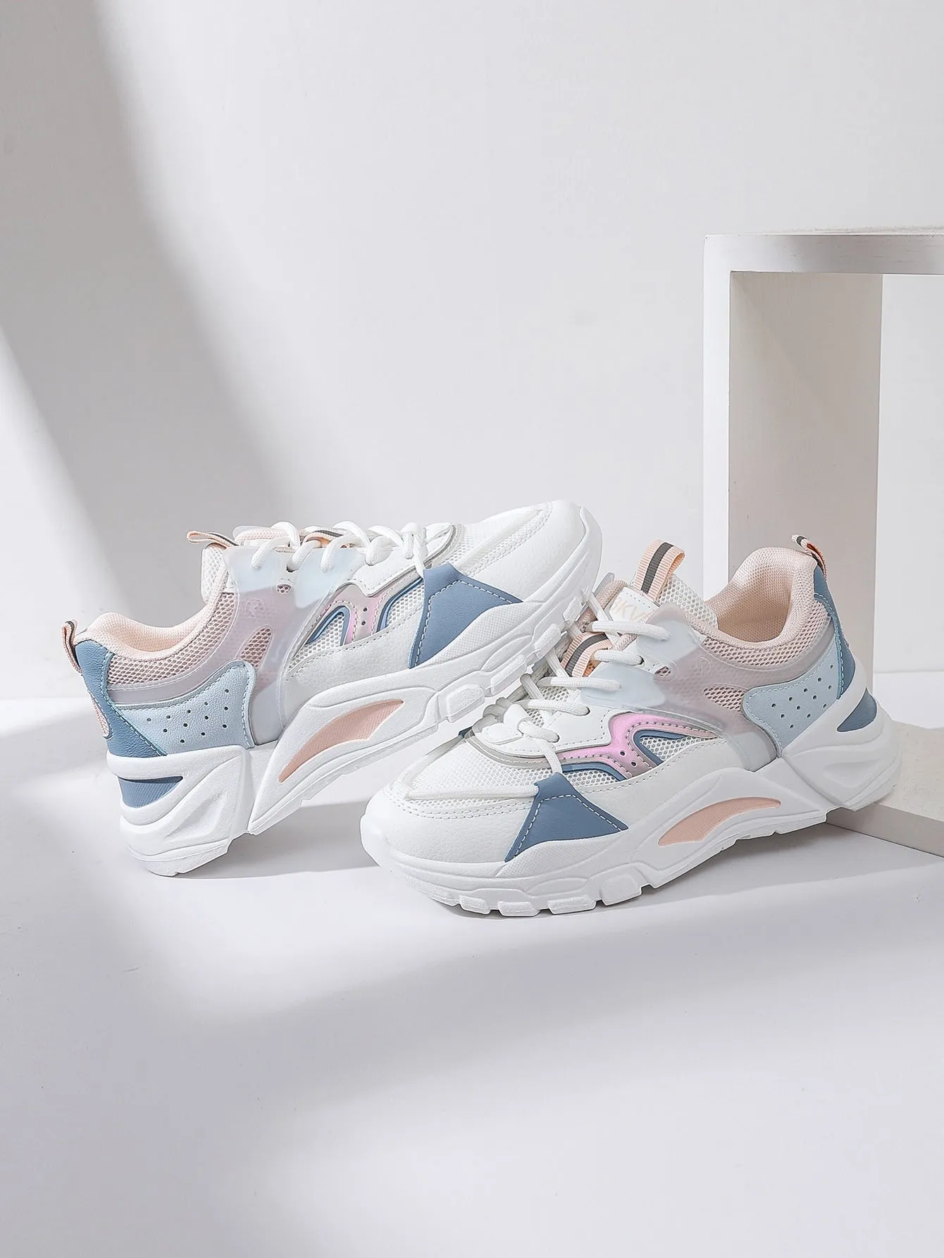 Mesh Panel Lace Up Front Chunky Sneakers - Multicolor