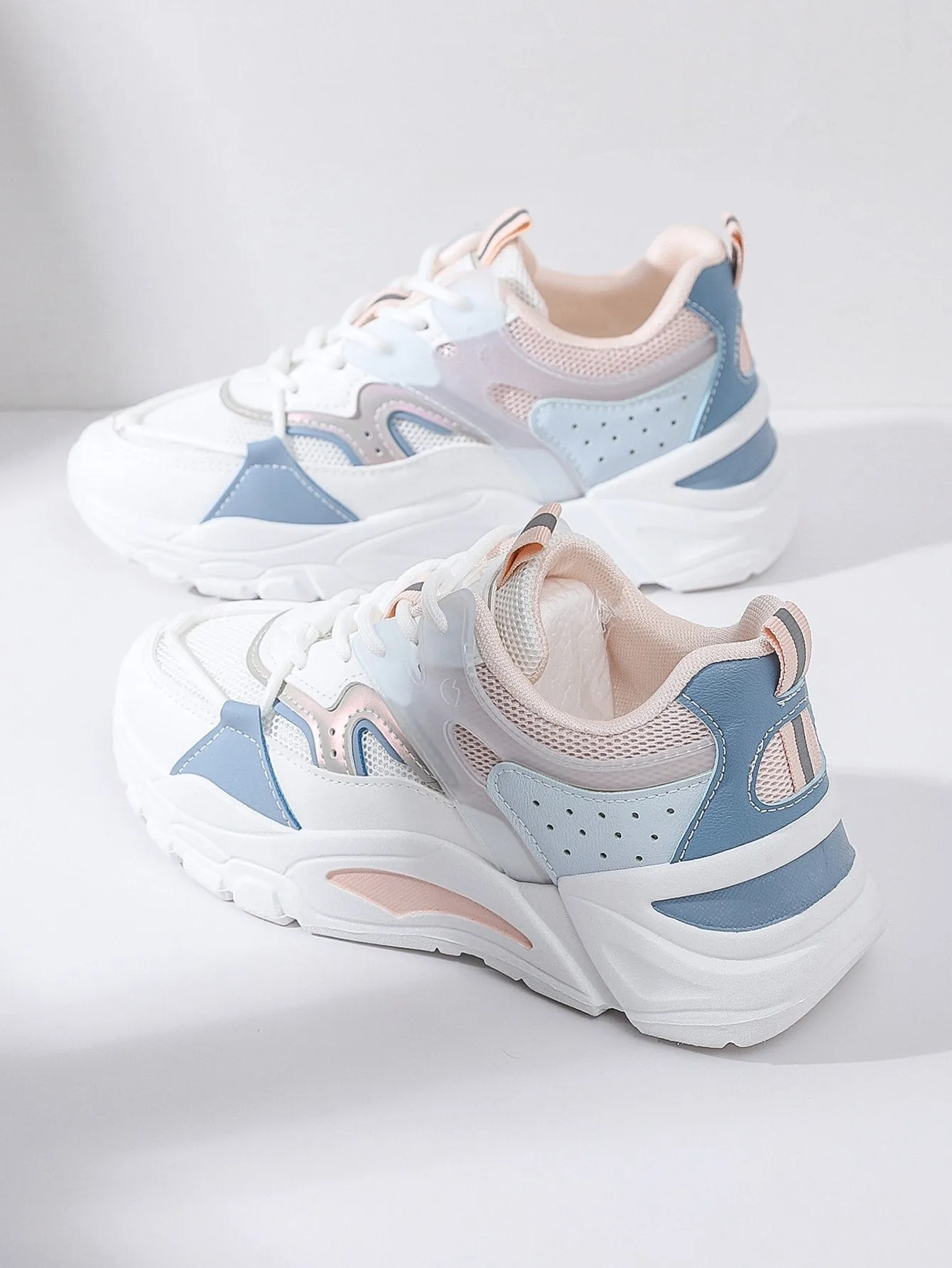 Mesh Panel Lace Up Front Chunky Sneakers - Multicolor