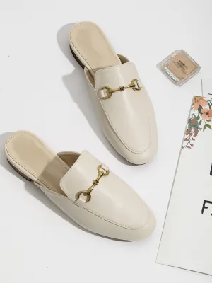 Metal Decor Snakeskin Flat Mules - Beige