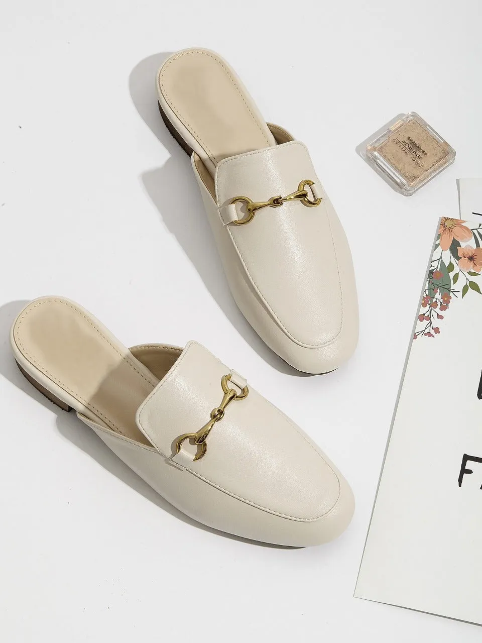 Metal Decor Snakeskin Flat Mules - Beige