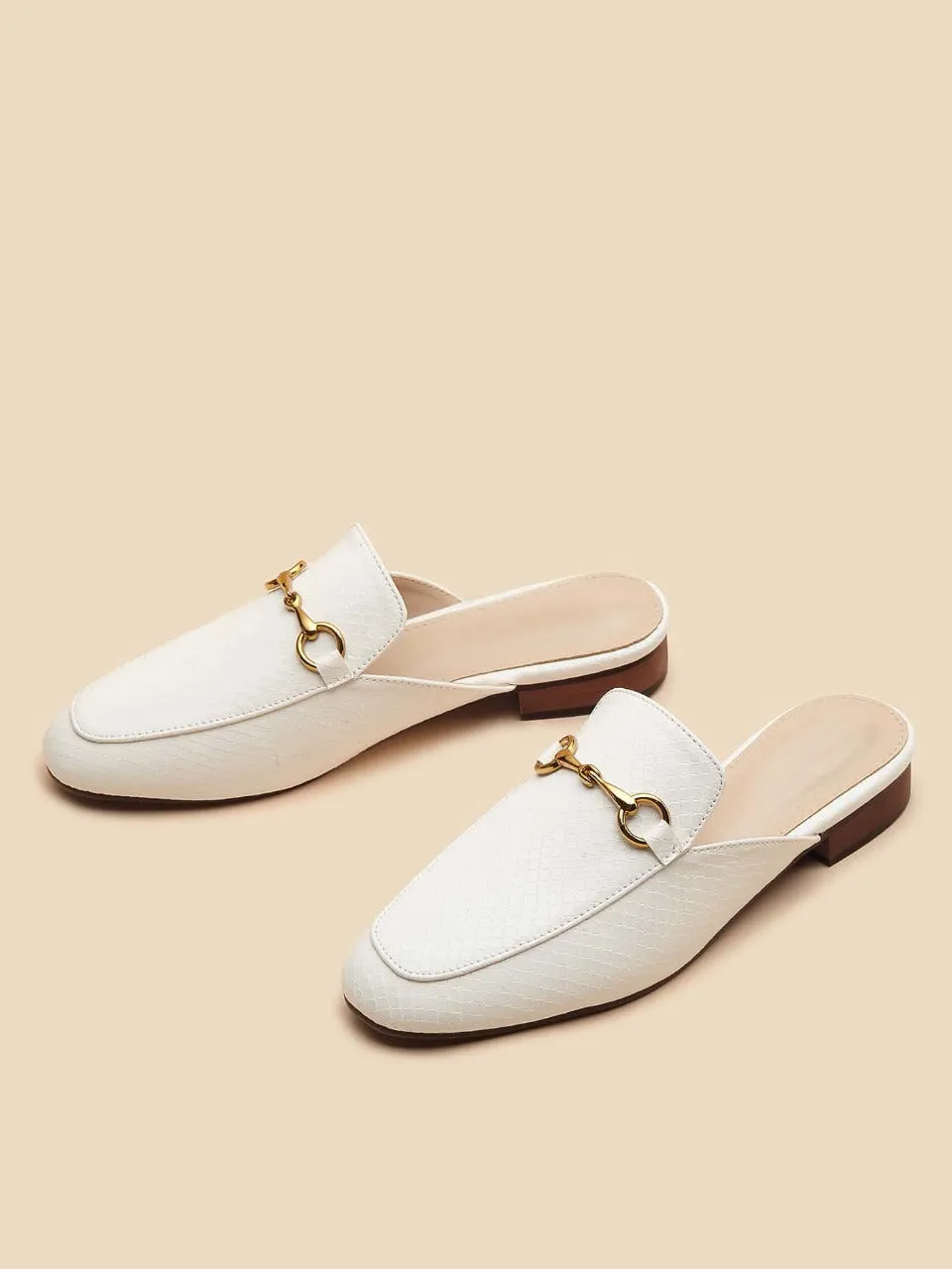 Metal Decor Snakeskin Flat Mules - White