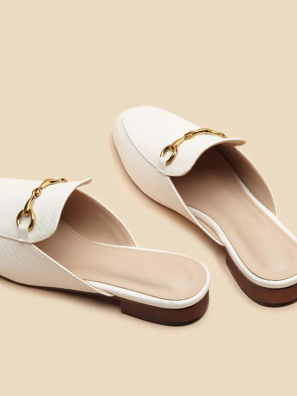 Metal Decor Snakeskin Flat Mules - White