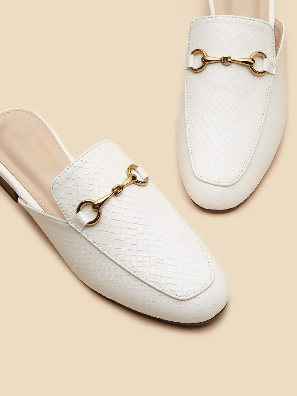 Metal Decor Snakeskin Flat Mules - White