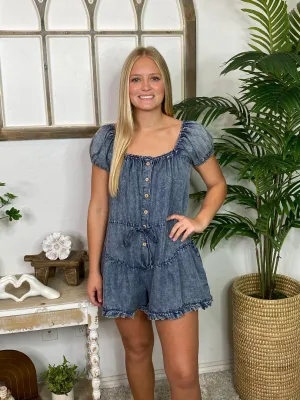 Mineral Washed Ruffle Denim Romper