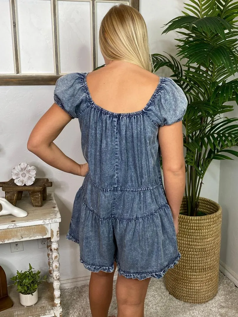 Mineral Washed Ruffle Denim Romper